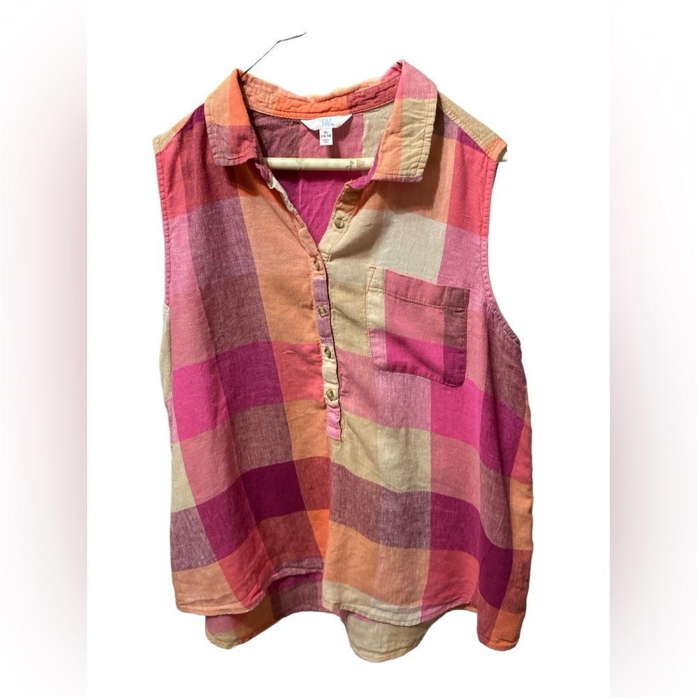 Time & Tru women’s sleeveless blouse, pink orange tan plaid XL linen plus